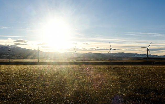 Wind turbines at the Two Dot Wind Farm at sunset